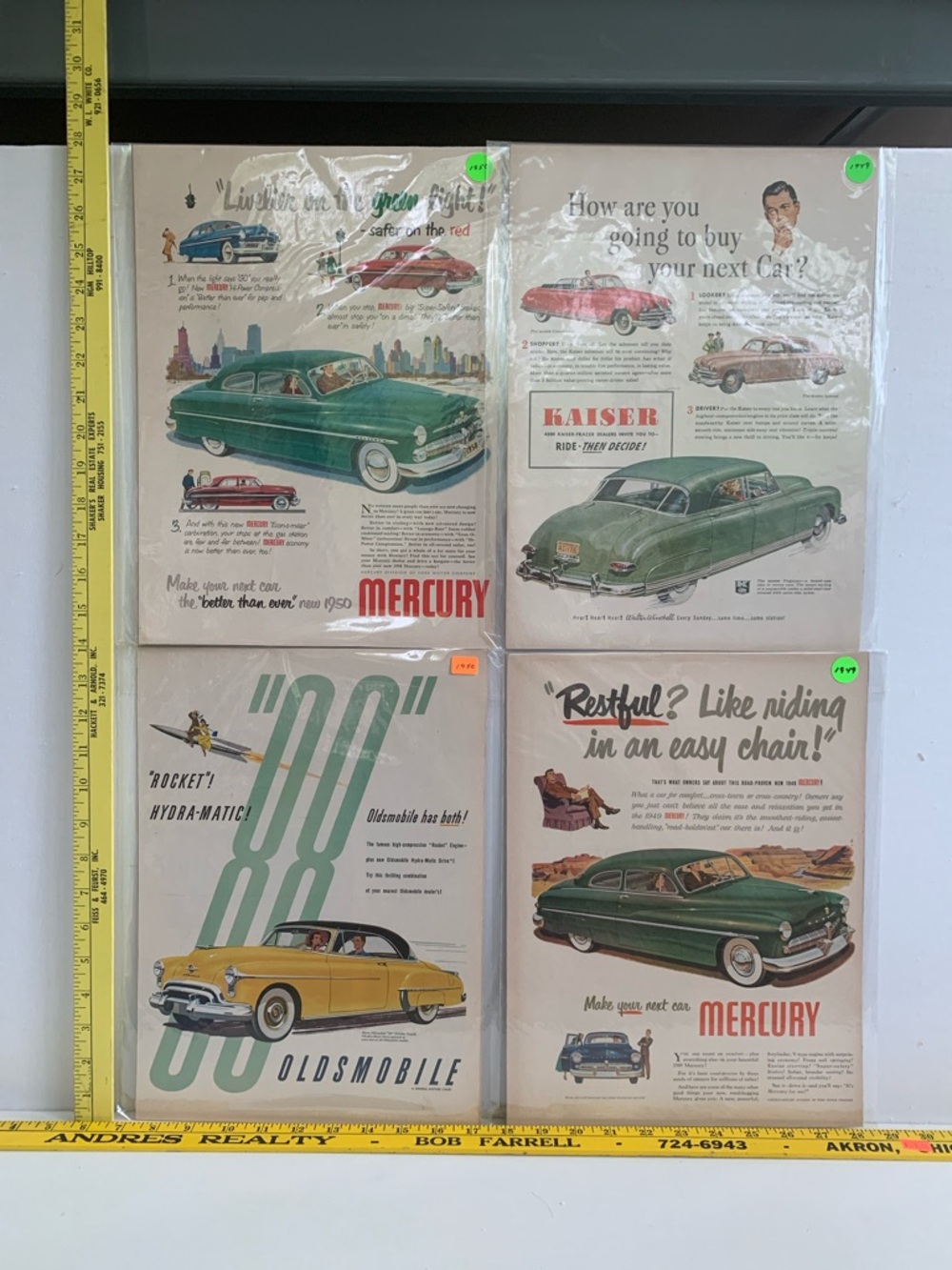 Vintage Car Magazine Ads - Green & Yellow Cars (Set of 4)